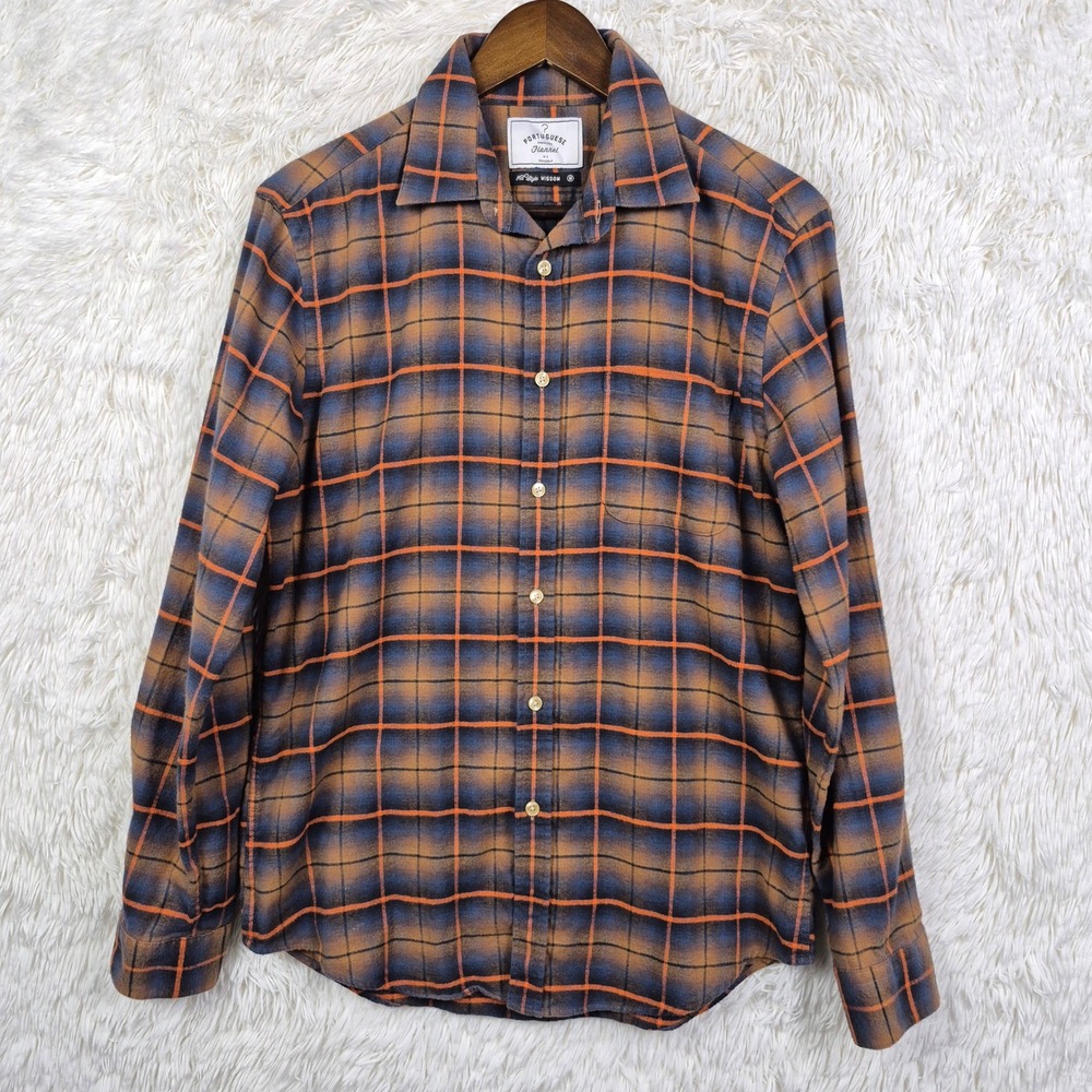 Portuguese Flannel Old Style Wisdom Mens Plaid Button Down‎ Shirt Blue Orange M